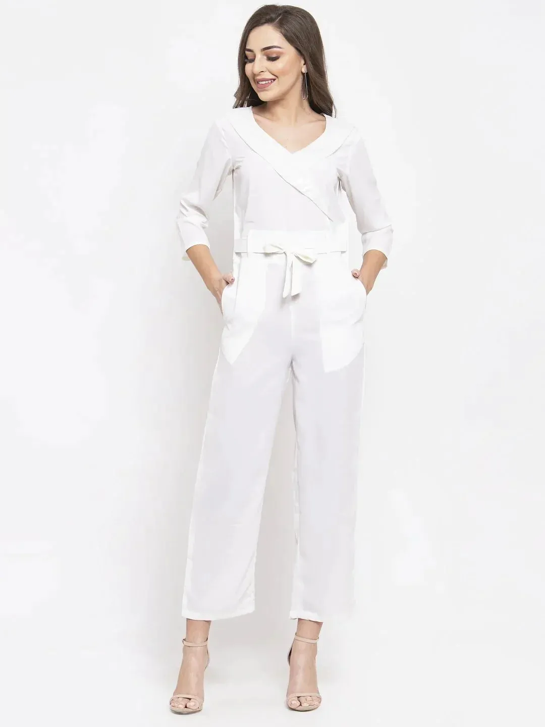 Women White Solid Jumpsuit With Sequence On Neck