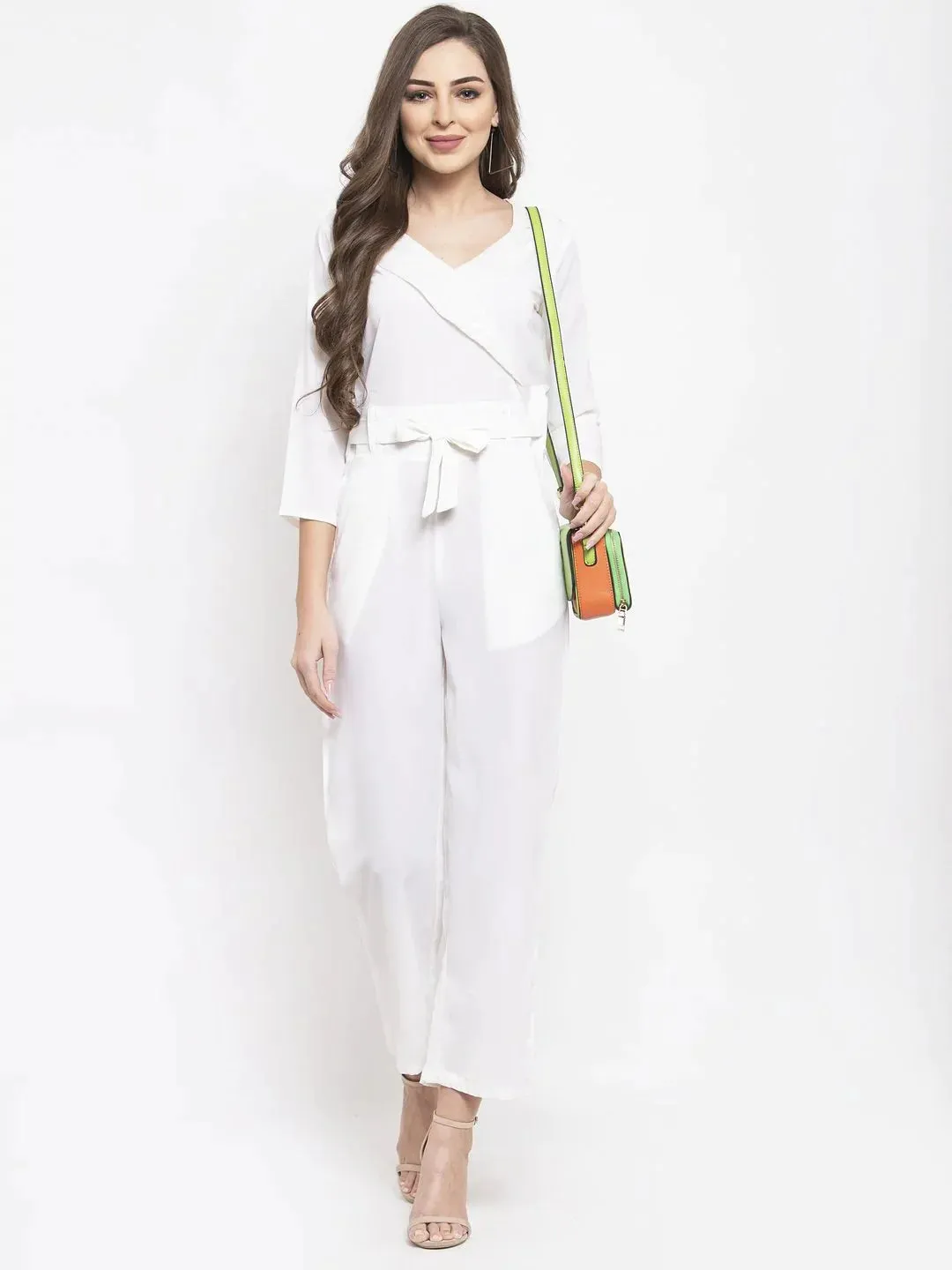 Women White Solid Jumpsuit With Sequence On Neck