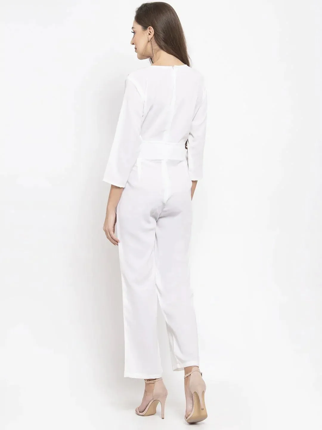 Women White Solid Jumpsuit With Sequence On Neck