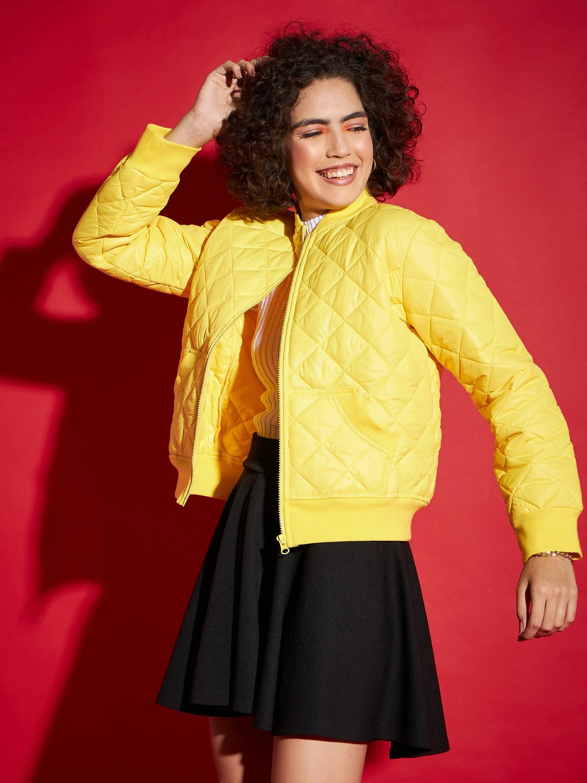 Women Yellow Diamond Quilted Bomber Jacket