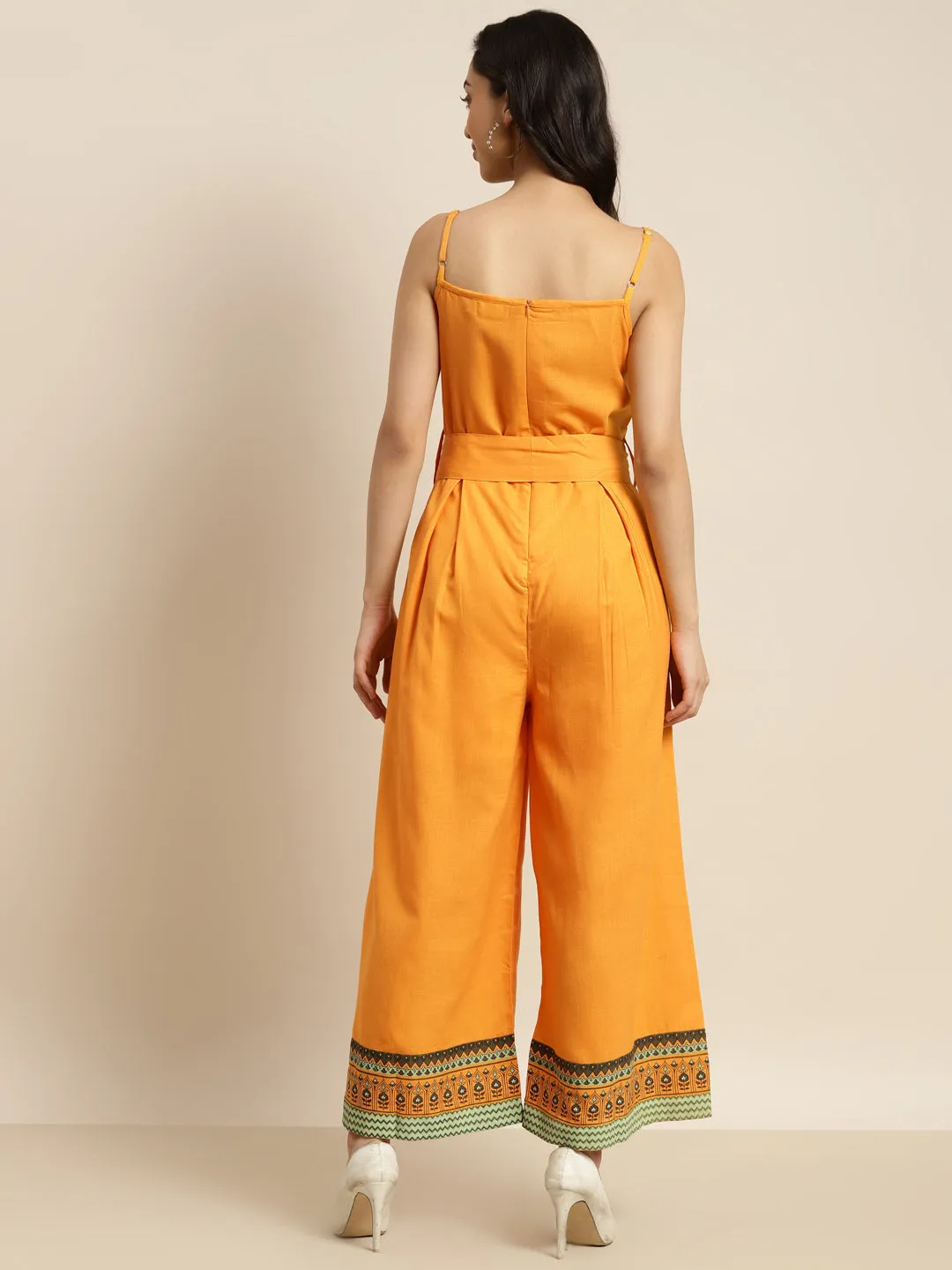 Women Yellow Floral Border Print Strappy Jumpsuit