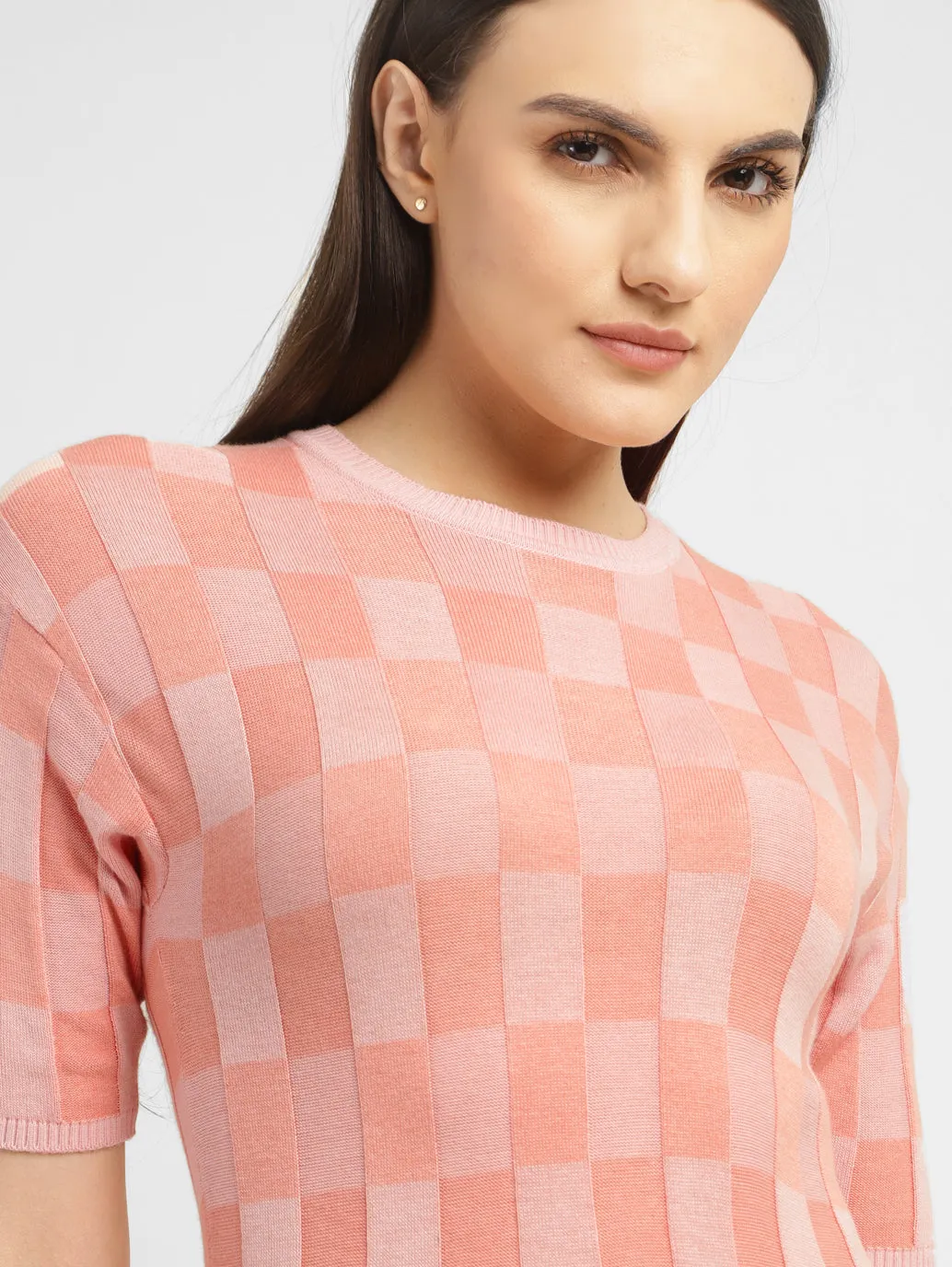 Women's Checked Crew Neck Top