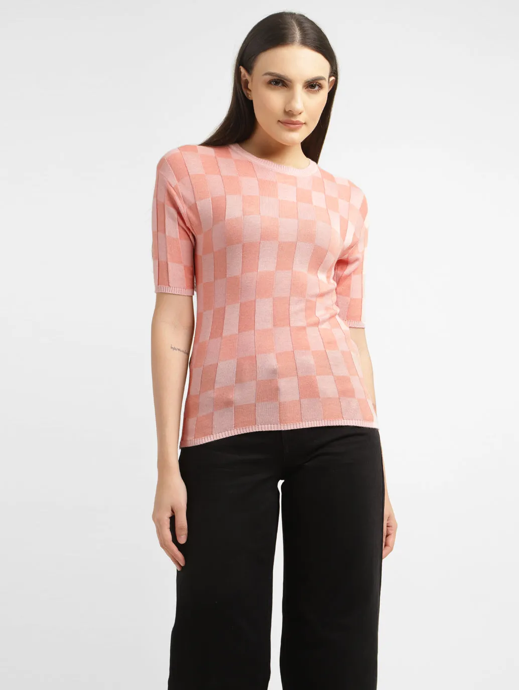 Women's Checked Crew Neck Top