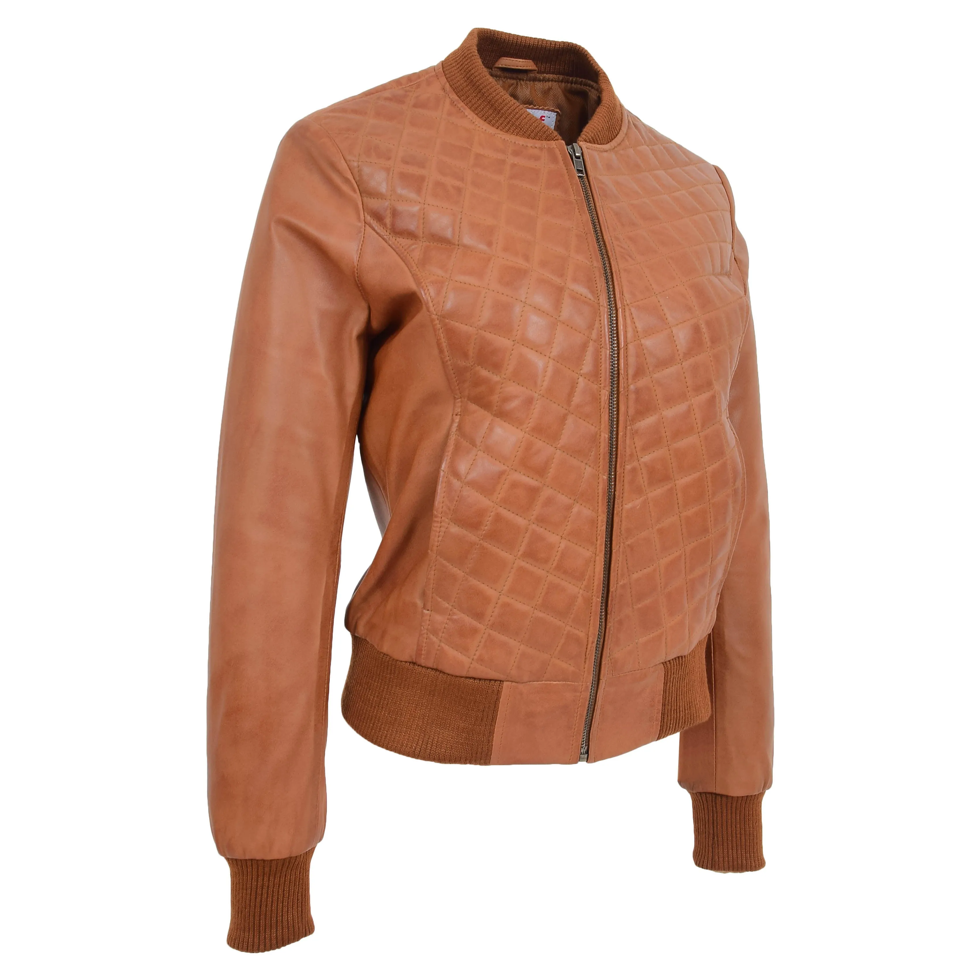 Womens Leather Varsity Quilted Bomber Jacket Sally Tan