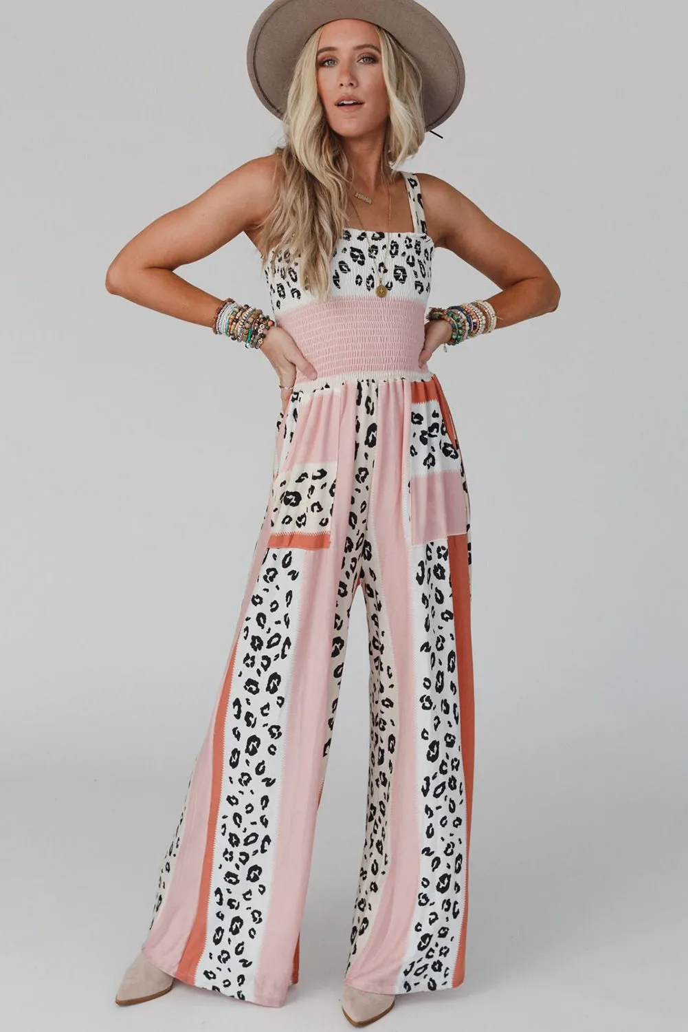 Women's Leopard Color Block Smocked Waist Jumpsuit with Pockets