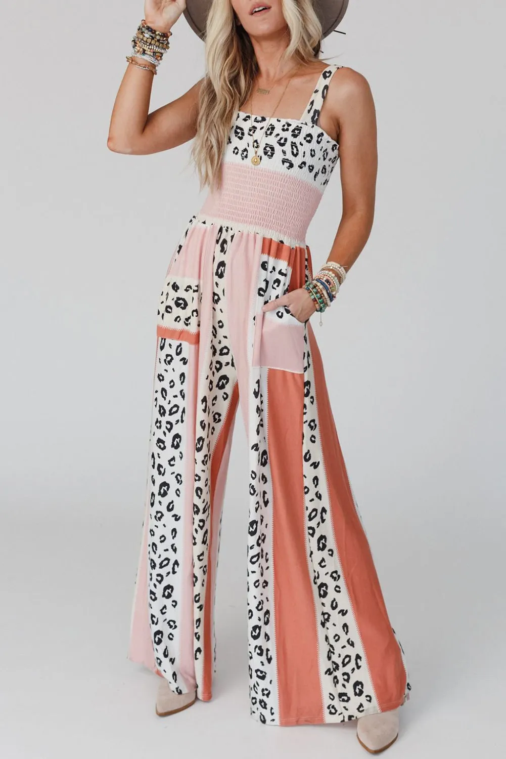 Women's Leopard Color Block Smocked Waist Jumpsuit with Pockets