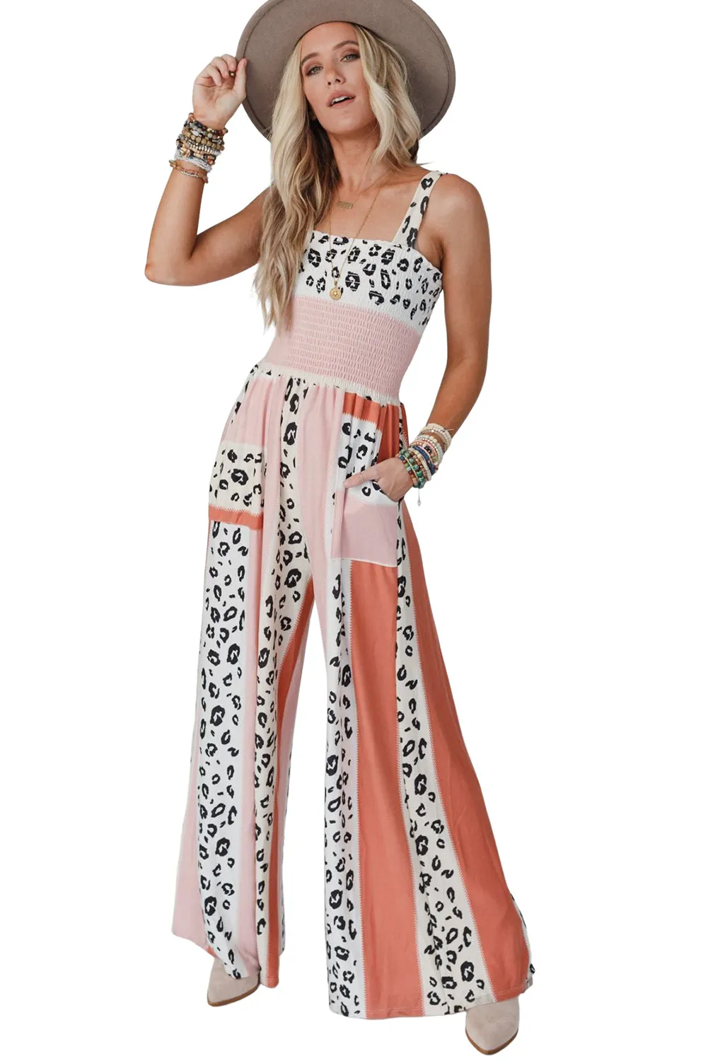 Women's Leopard Color Block Smocked Waist Jumpsuit with Pockets