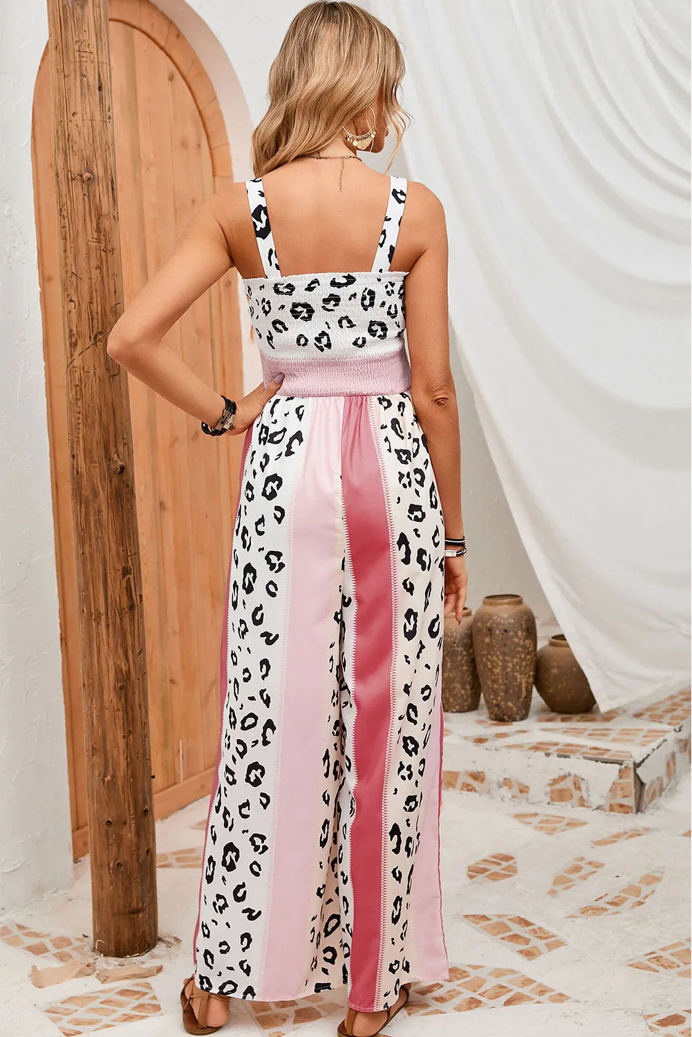 Women's Leopard Color Block Smocked Waist Jumpsuit with Pockets