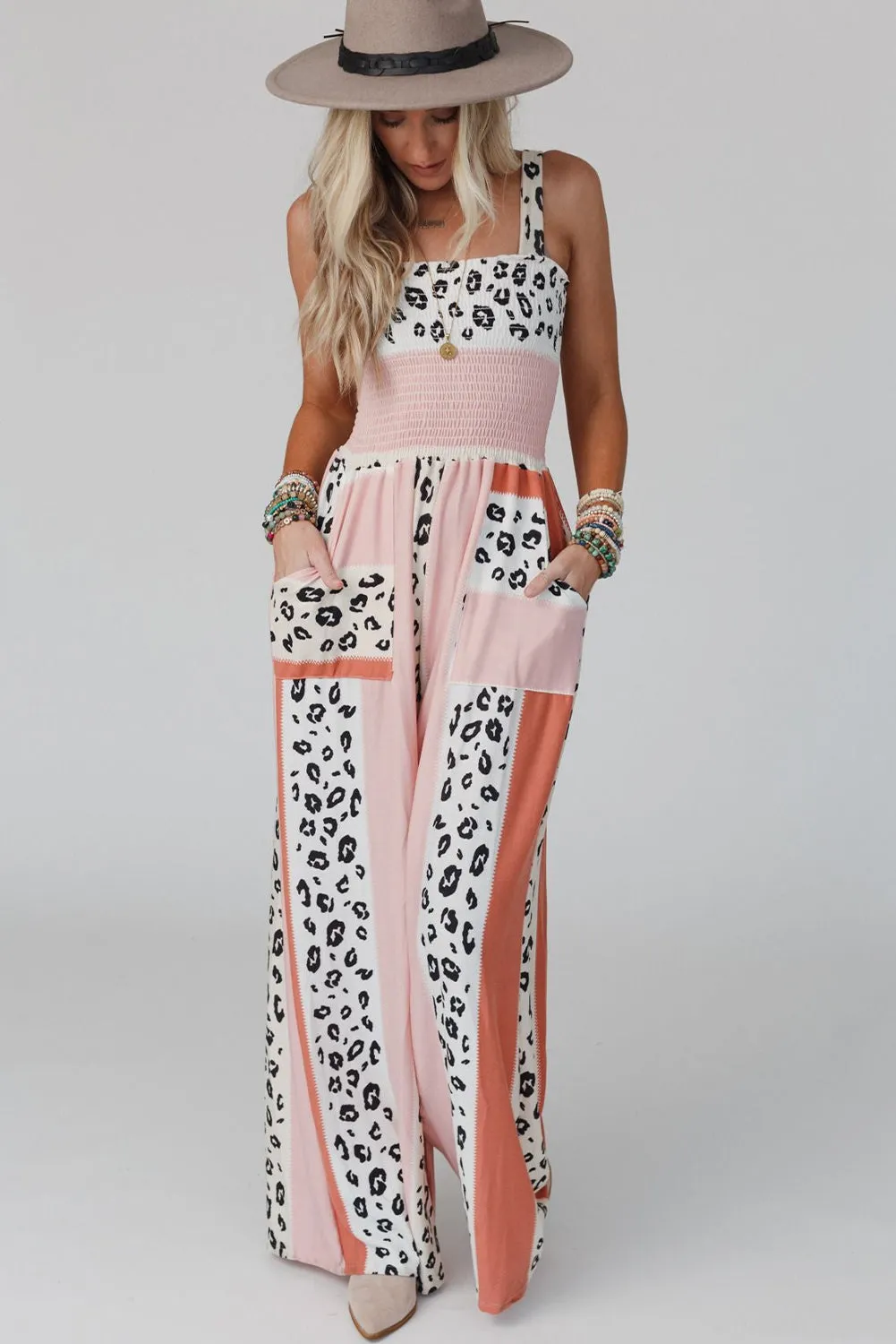 Women's Leopard Color Block Smocked Waist Jumpsuit with Pockets