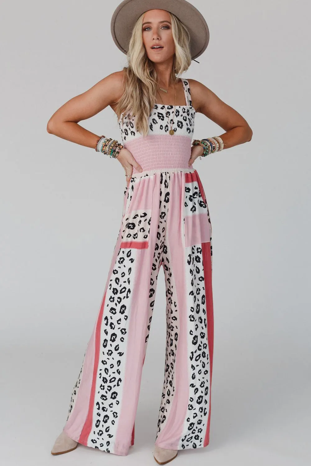 Women's Leopard Color Block Smocked Waist Jumpsuit with Pockets