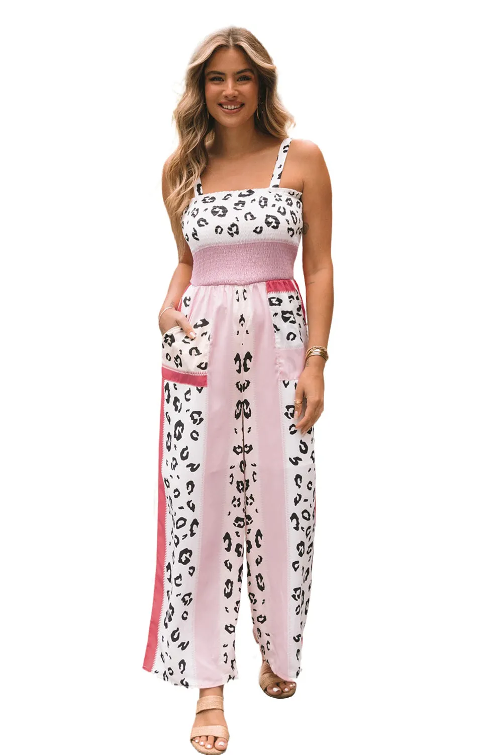 Women's Leopard Color Block Smocked Waist Jumpsuit with Pockets