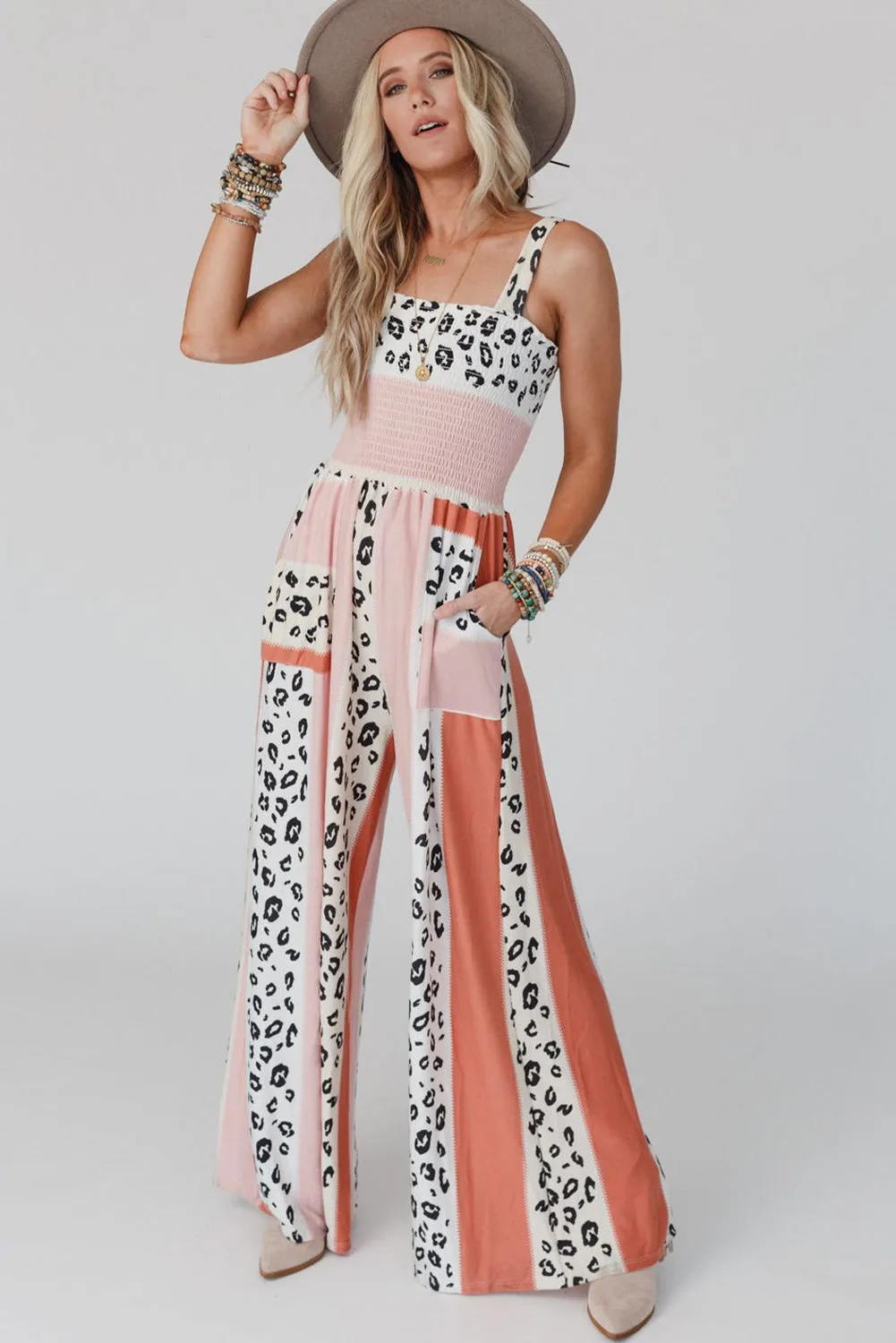 Women's Leopard Color Block Smocked Waist Jumpsuit with Pockets