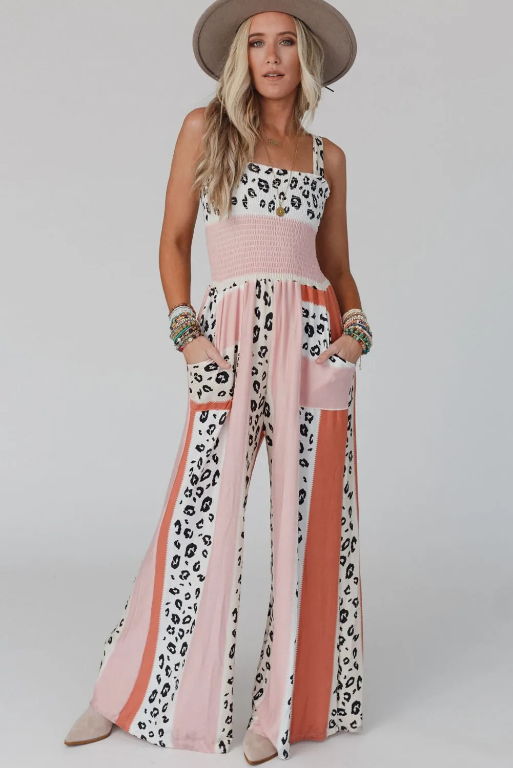 Women's Leopard Color Block Smocked Waist Jumpsuit with Pockets