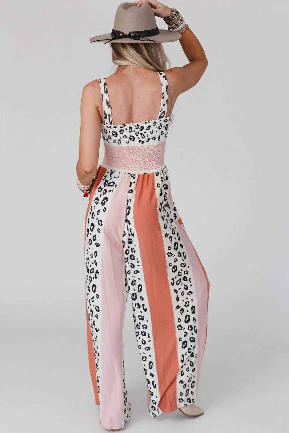 Women's Leopard Color Block Smocked Waist Jumpsuit with Pockets