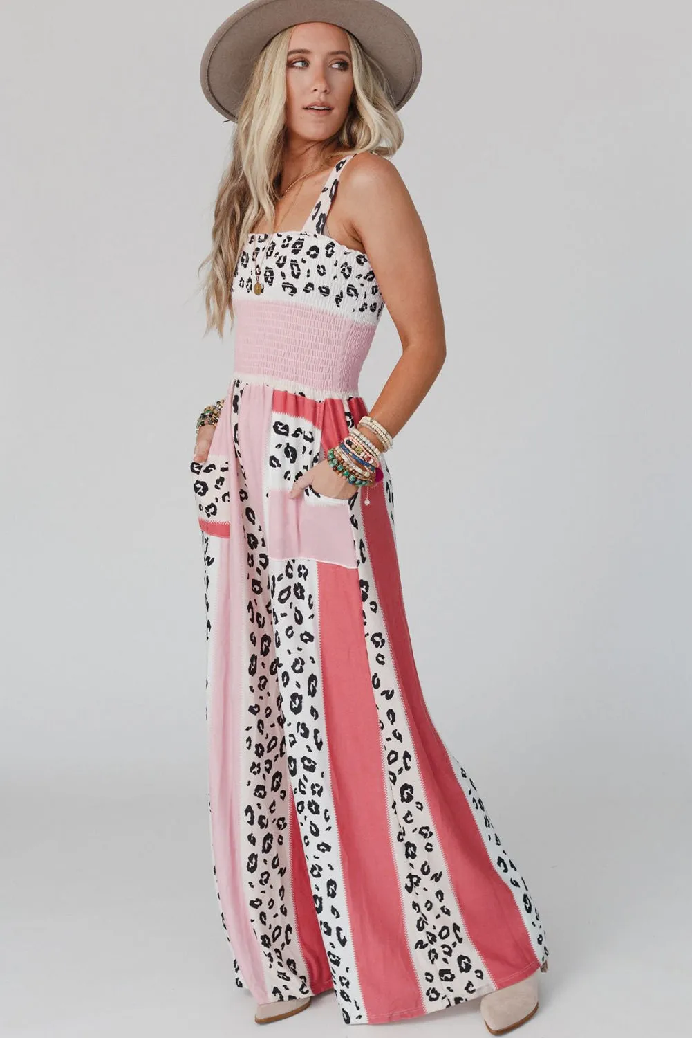 Women's Leopard Color Block Smocked Waist Jumpsuit with Pockets