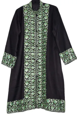 Woolen Coat Long Jacket Black, Olive and Green Embroidery #BD-108