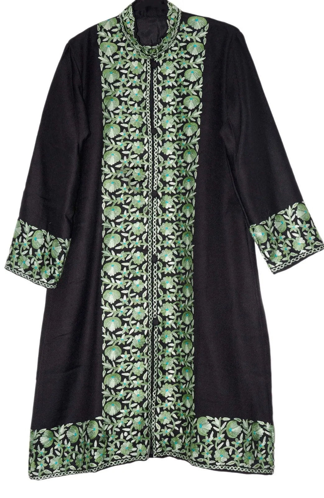 Woolen Coat Long Jacket Black, Olive and Green Embroidery #BD-108