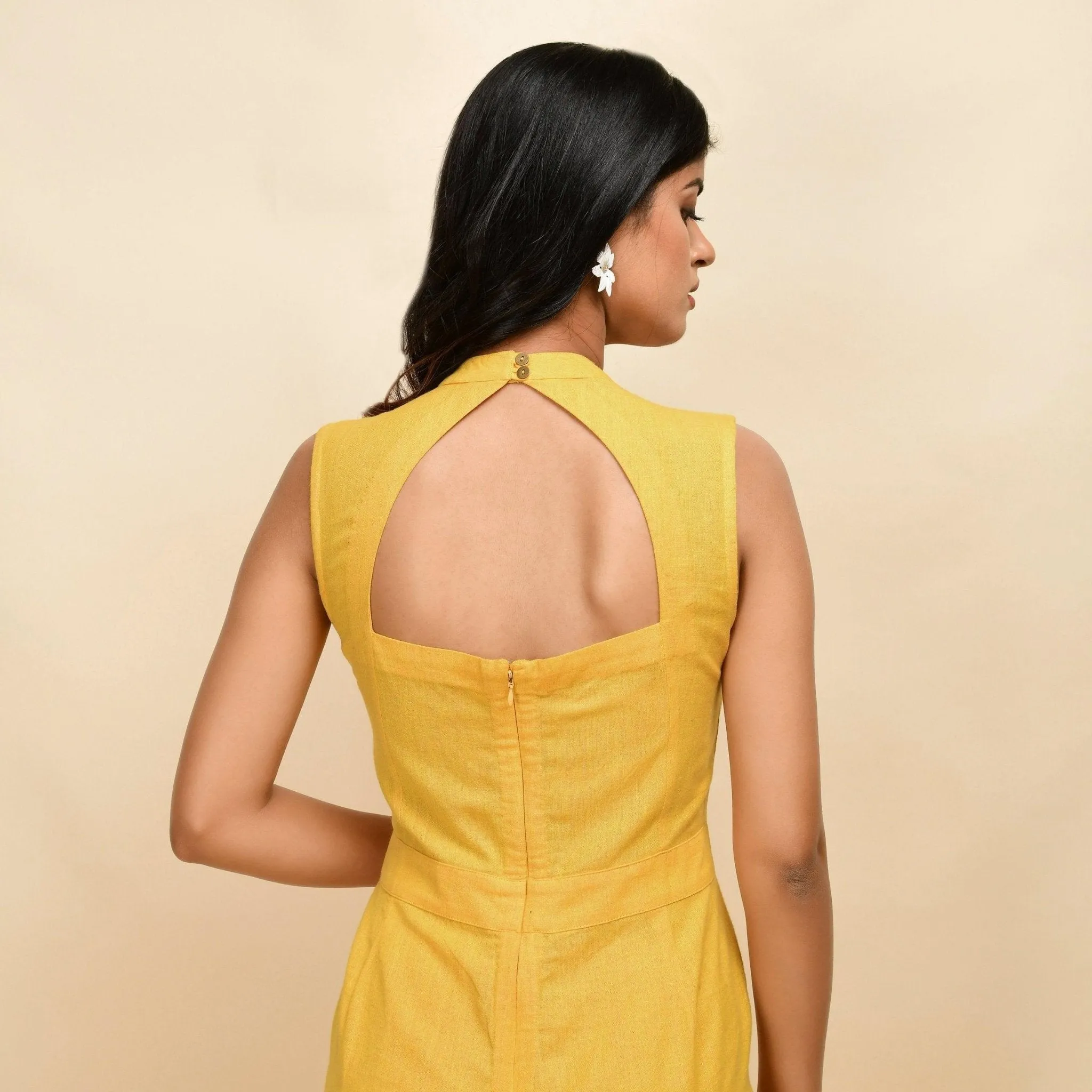 Yellow Handspun Cotton Princess Line Sleeveless Jumpsuit