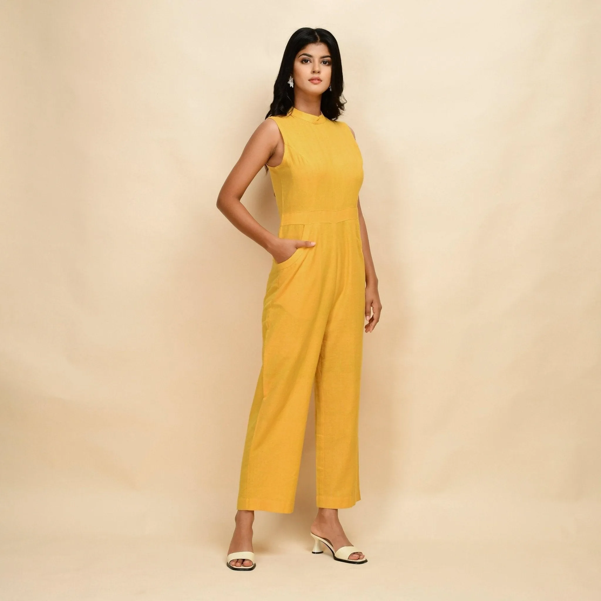 Yellow Handspun Cotton Princess Line Sleeveless Jumpsuit