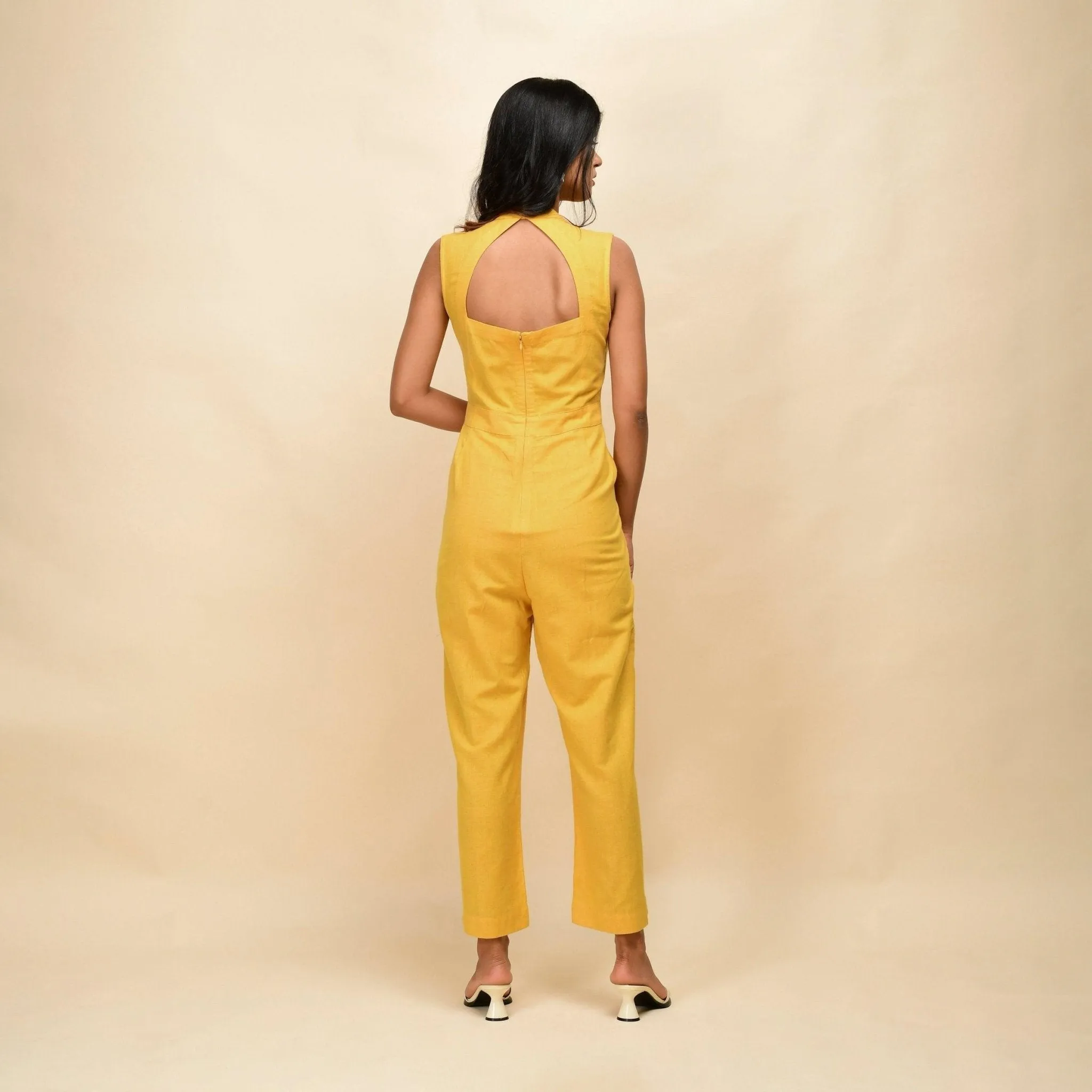 Yellow Handspun Cotton Princess Line Sleeveless Jumpsuit