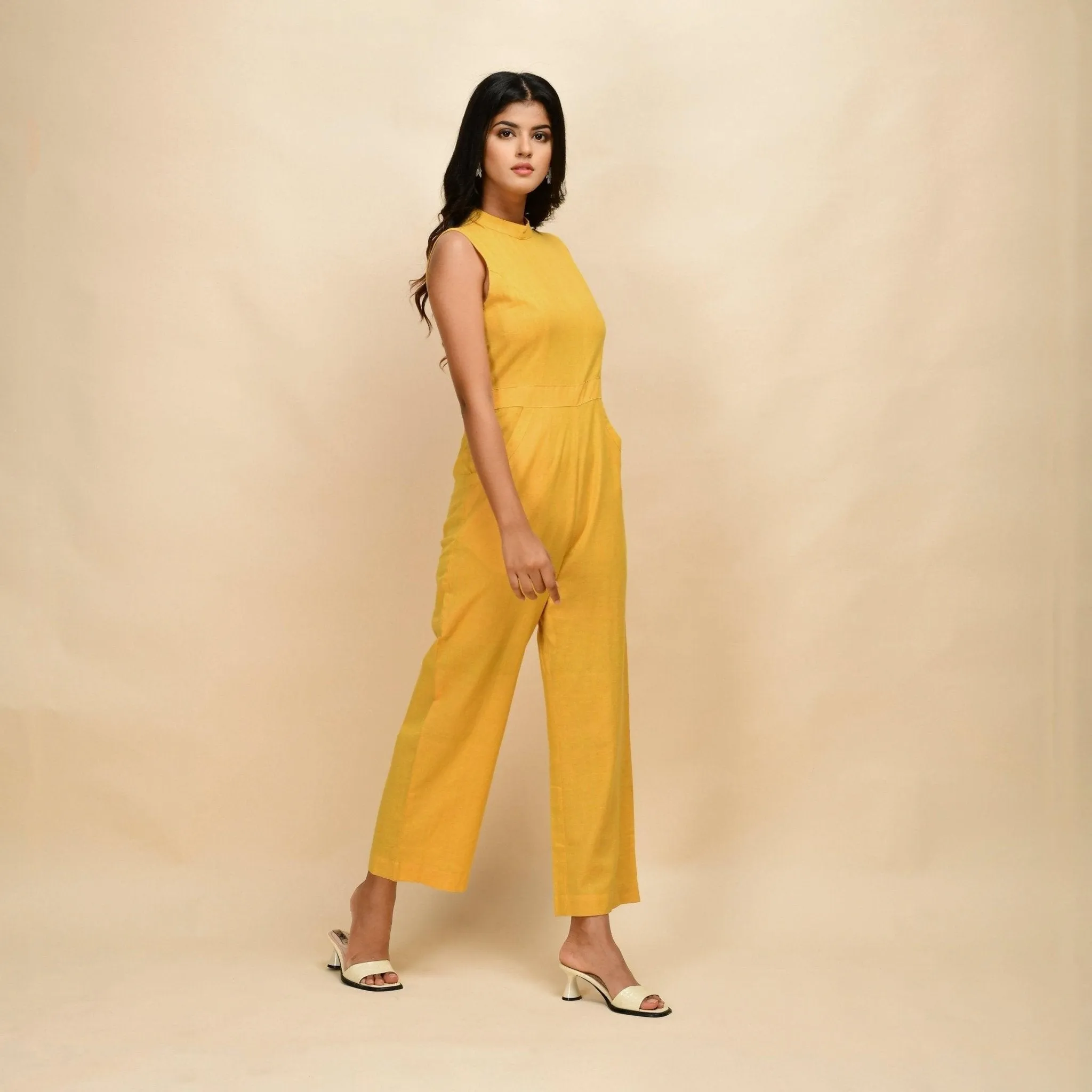 Yellow Handspun Cotton Princess Line Sleeveless Jumpsuit