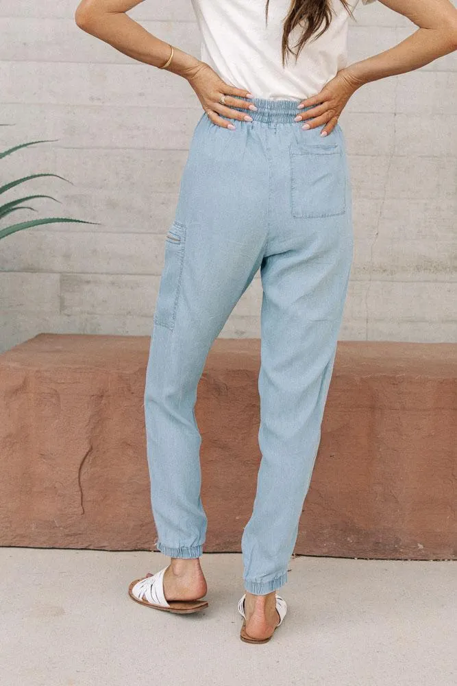 Zipper Cargo Joggers in Denim